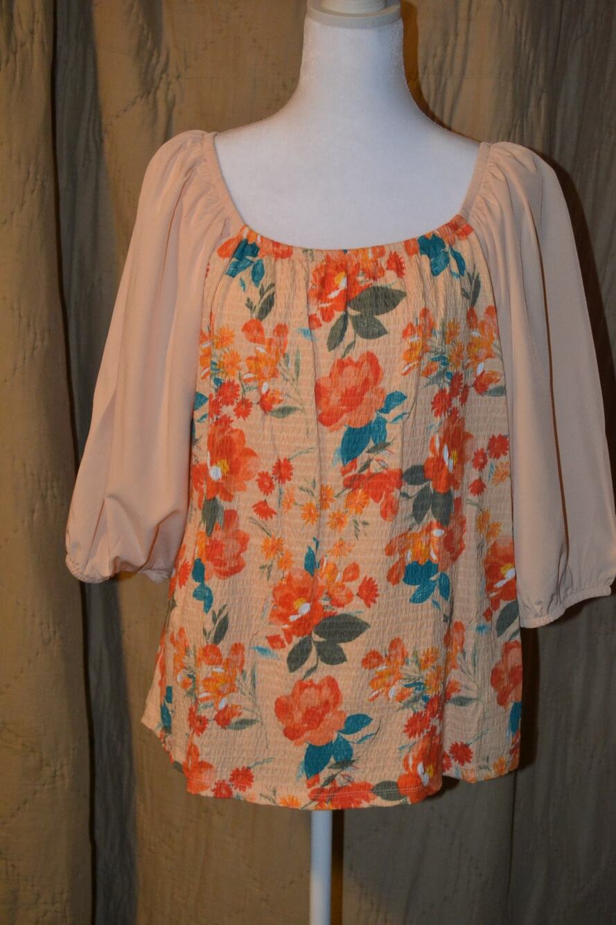 Cato Women’s Medium Peach Floral Peasant Blouse 3/4 Sleeve Boho Top